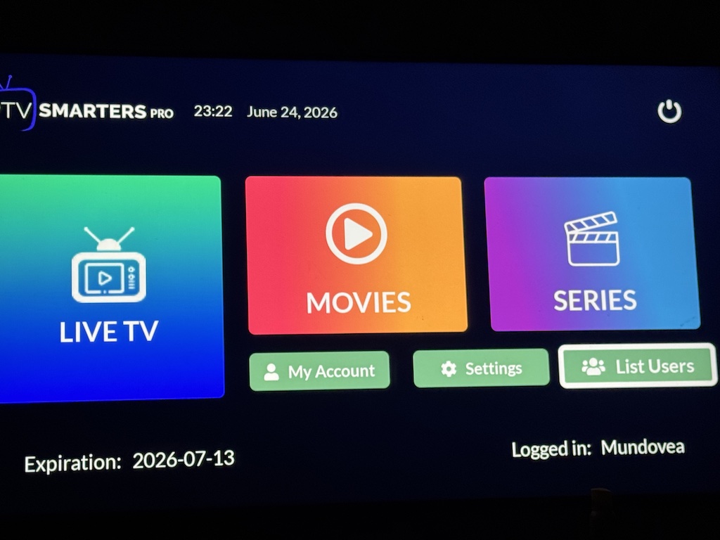 Accueil IPTV Smarters Pro après installation de l'abonnement IPTV